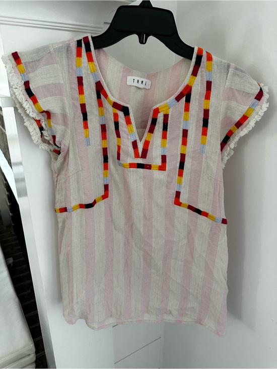 THML Tops - THML Pink & White Striped Embroidered Fringe Sleeve Top